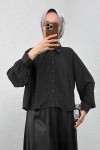 Pileli Taş Süslemeli Gömlek 2286 - SİYAH