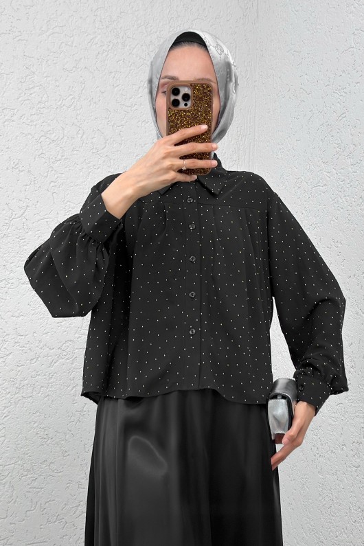 Pileli Taş Süslemeli Gömlek 2286 - SİYAH