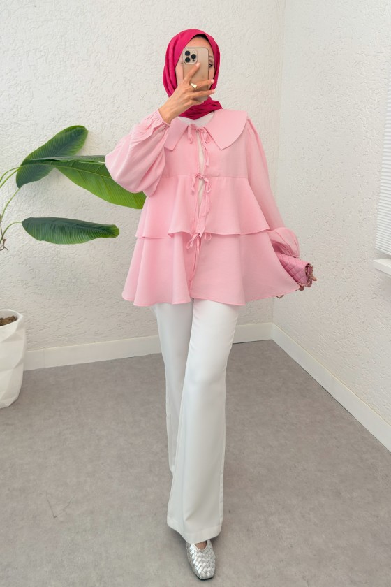 İp Bağcıklı Kat Kat Kimono 2289 - PEMBE İp Bağcıklı Kat Kat Kimono 2289 - PEMBE