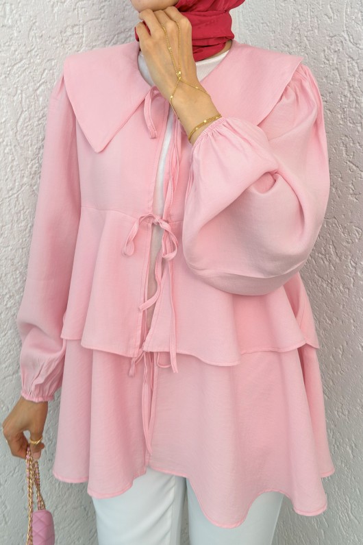 İp Bağcıklı Kat Kat Kimono 2289 - PEMBE İp Bağcıklı Kat Kat Kimono 2289 - PEMBE