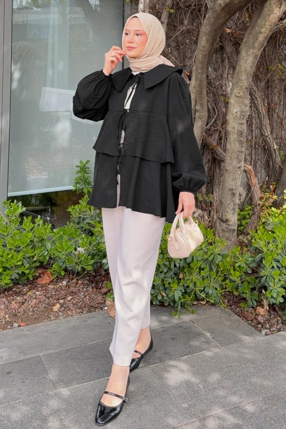 İp Bağcıklı Kat Kat Kimono 2289 - SİYAH İp Bağcıklı Kat Kat Kimono 2289 - SİYAH