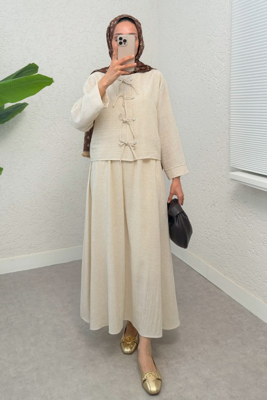 Fiyonk Detaylı Etek Takım 2290 - BEJ