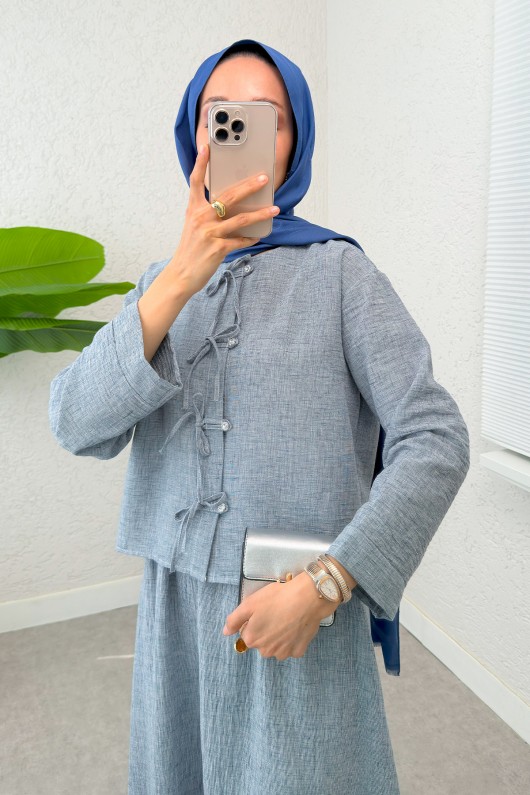 Fiyonk Detaylı Etek Takım 2290 - BERRAK MAVİ