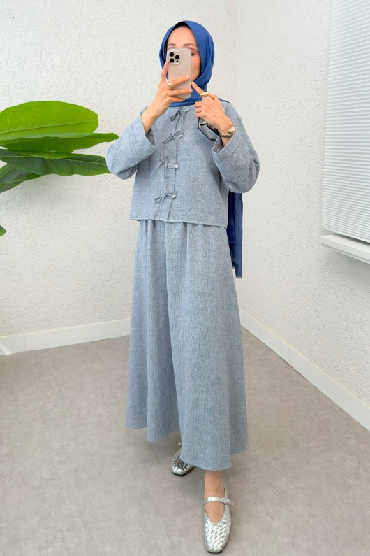 Fiyonk Detaylı Etek Takım 2290 - BERRAK MAVİ