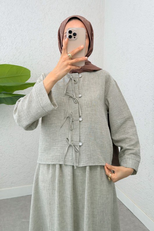 Fiyonk Detaylı Etek Takım 2290 - KÜF YEŞİLİ