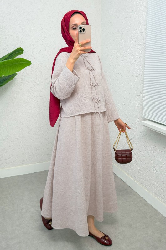 Fiyonk Detaylı Etek Takım 2290 - TAŞ RENGİ