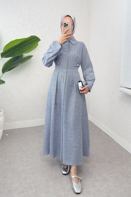 Pile Detaylı Elbise 2292 - BERRAK MAVİ