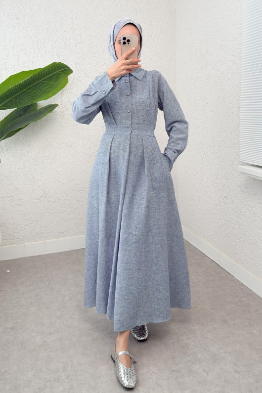 Pile Detaylı Elbise 2292 - BERRAK MAVİ