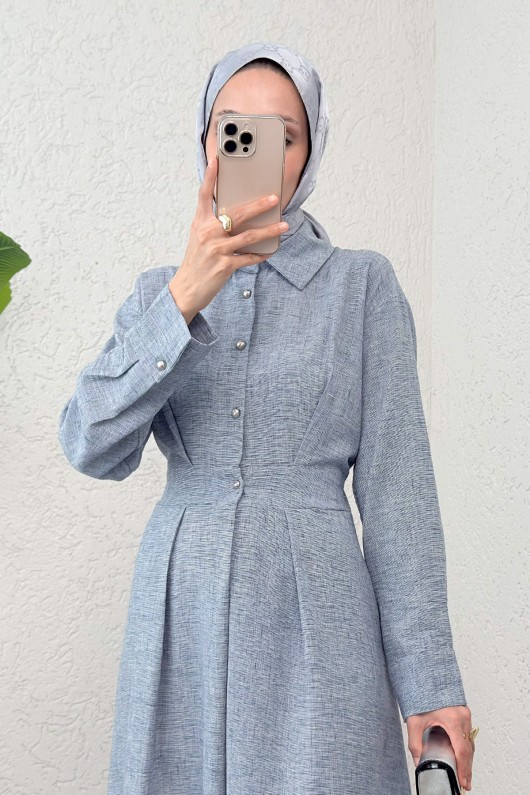 Pile Detaylı Elbise 2292 - BERRAK MAVİ