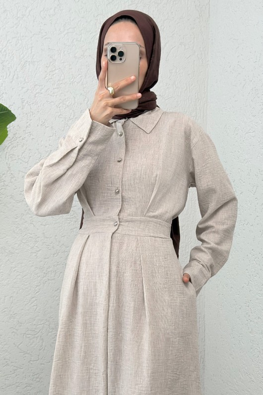 Pile Detaylı Elbise 2292 - TAŞ RENGİ Pile Detaylı Elbise 2292 - TAŞ RENGİ