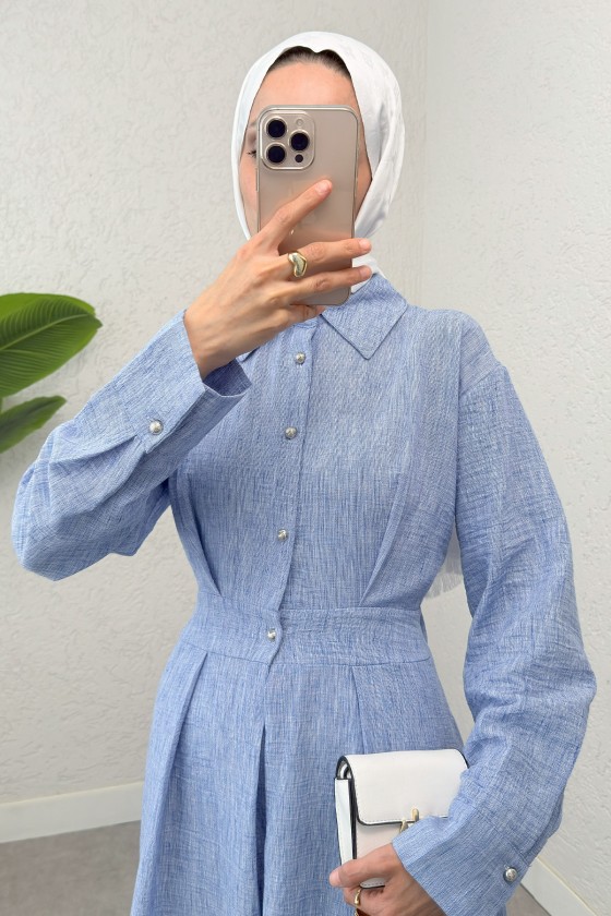 Pile Detaylı Elbise 2292 - MAVİ