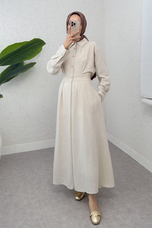 Pile Detaylı Elbise 2292 - BEJ