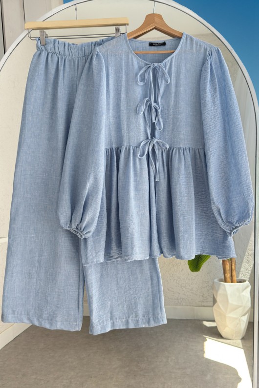 Ön Bağcıklı Balon Kol Takım 2293 - BEBE MAVİSİ