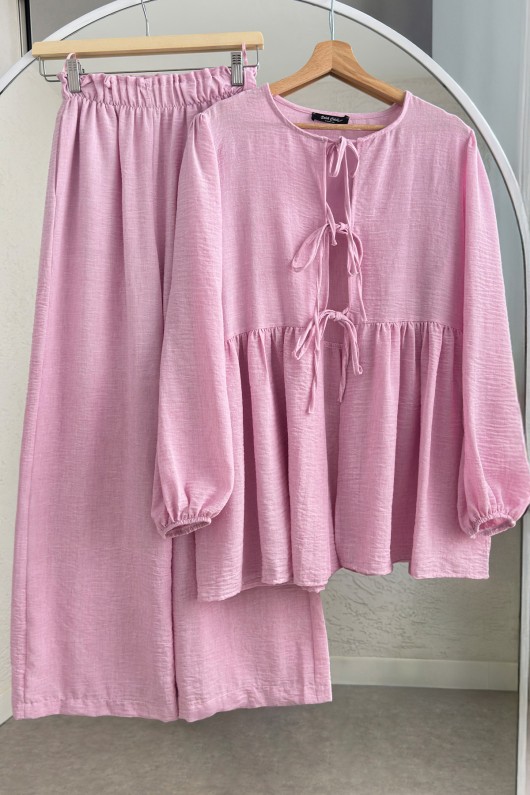 Ön Bağcıklı Balon Kol Takım 2293 - PEMBE