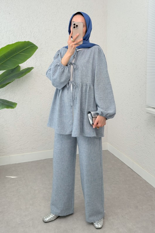 Ön Bağcıklı Balon Kol Takım 2293 - BERRAK MAVİ