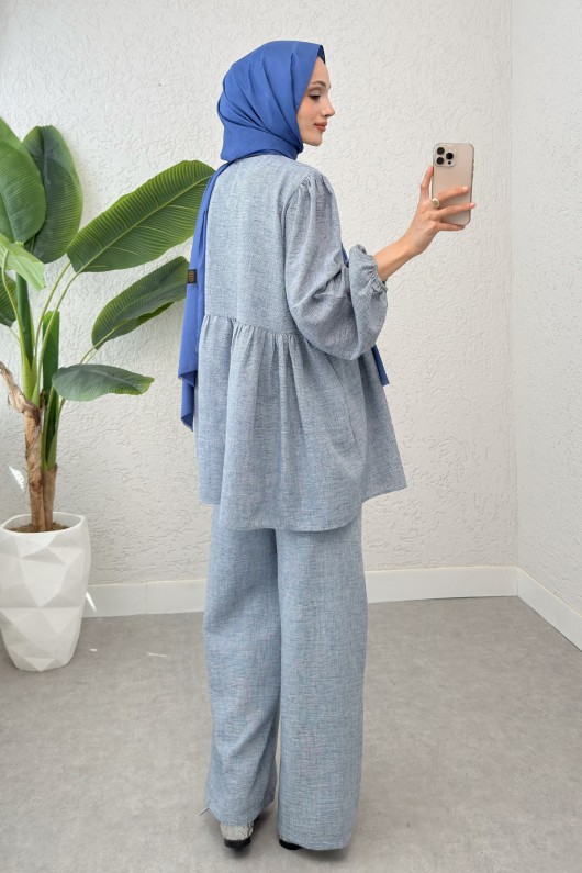 Ön Bağcıklı Balon Kol Takım 2293 - BERRAK MAVİ