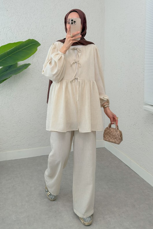 Ön Bağcıklı Balon Kol Takım 2293 - BEJ