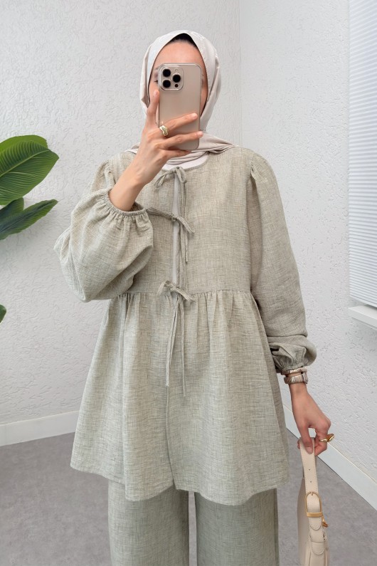 Ön Bağcıklı Balon Kol Takım 2293 - KÜF YEŞİLİ