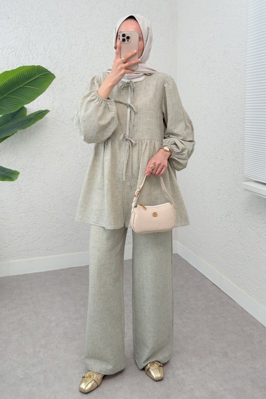 Ön Bağcıklı Balon Kol Takım 2293 - KÜF YEŞİLİ