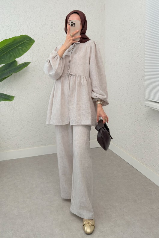 Ön Bağcıklı Balon Kol Takım 2293 - TAŞ RENGİ Ön Bağcıklı Balon Kol Takım 2293 - TAŞ RENGİ