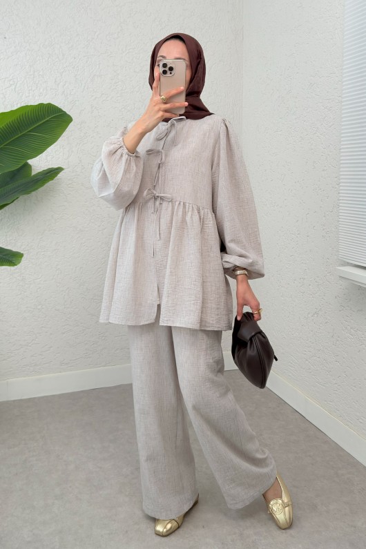 Ön Bağcıklı Balon Kol Takım 2293 - TAŞ RENGİ Ön Bağcıklı Balon Kol Takım 2293 - TAŞ RENGİ