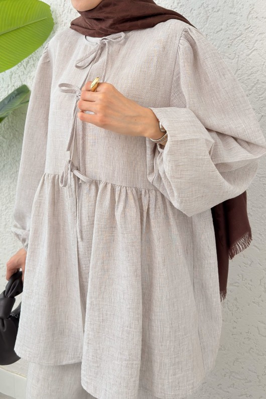 Ön Bağcıklı Balon Kol Takım 2293 - TAŞ RENGİ Ön Bağcıklı Balon Kol Takım 2293 - TAŞ RENGİ