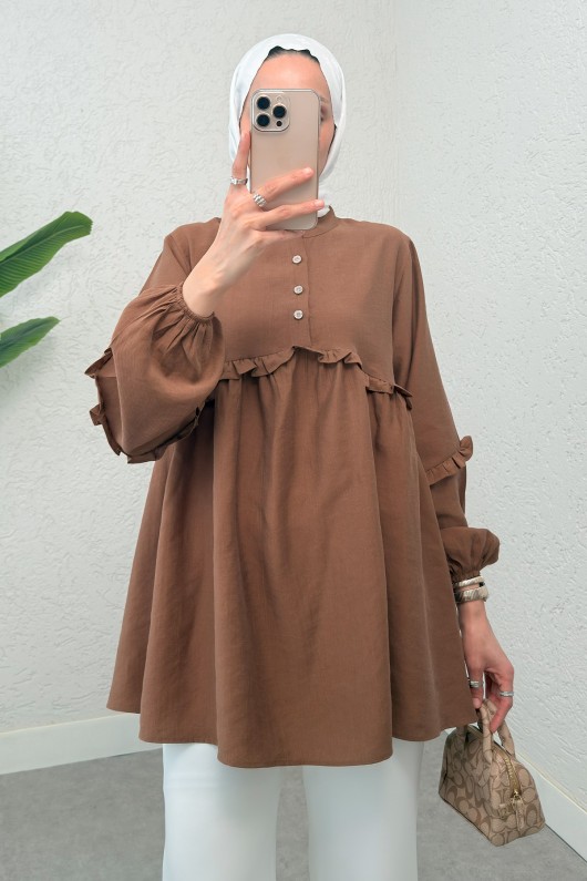 Fırfırlı Balon Kol Tunik 2295 - KAHVERENGİ
