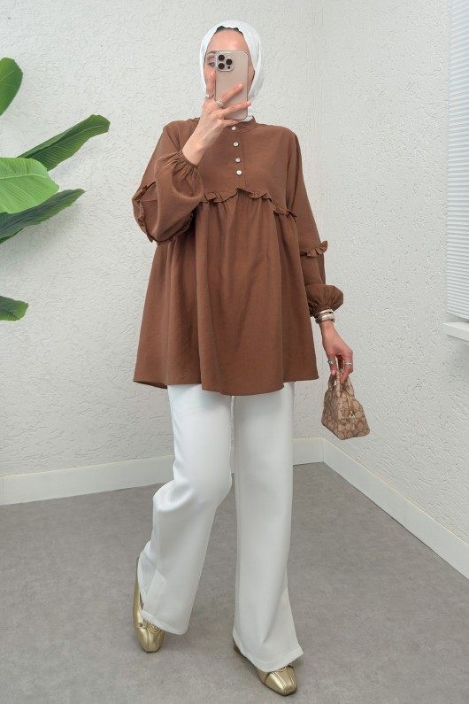 Fırfırlı Balon Kol Tunik 2295 - KAHVERENGİ