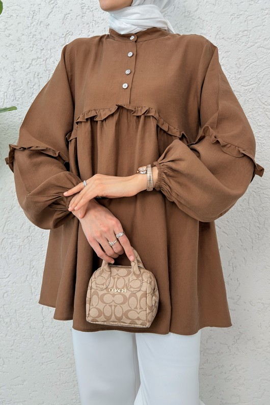 Fırfırlı Balon Kol Tunik 2295 - KAHVERENGİ