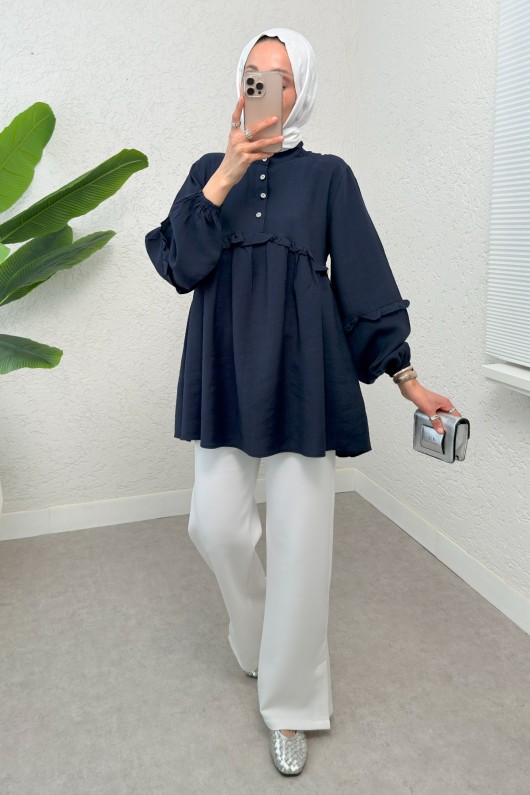 Fırfırlı Balon Kol Tunik 2295 - LACİVERT