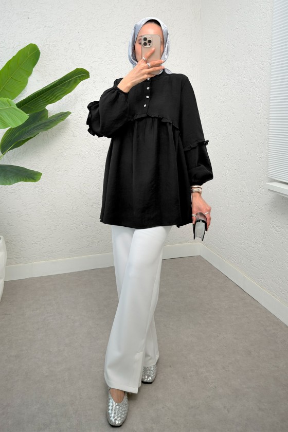 Fırfırlı Balon Kol Tunik 2295 - SİYAH
