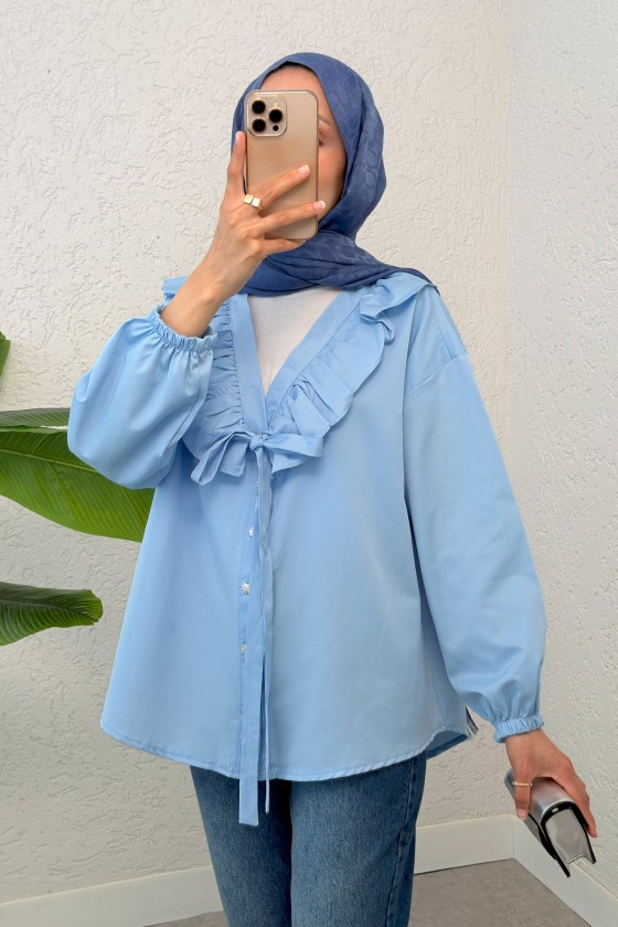 Degaje Yaka Fırfırlı Tunik 2296 - BEBE MAVİSİ