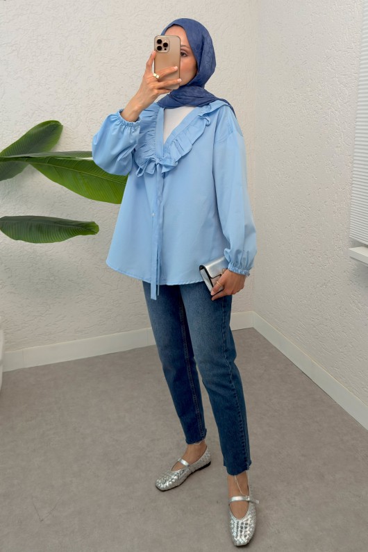 Degaje Yaka Fırfırlı Tunik 2296 - BEBE MAVİSİ