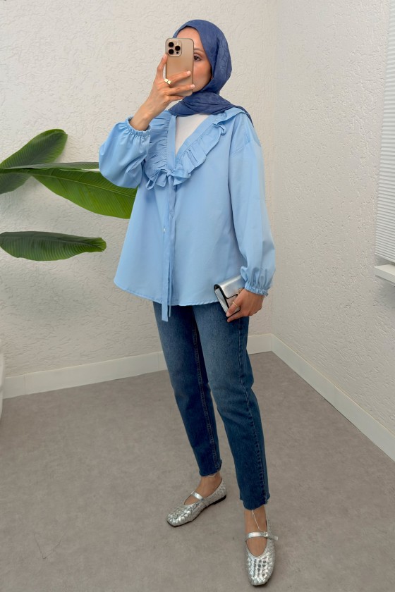 Degaje Yaka Fırfırlı Tunik 2296 - BEBE MAVİSİ