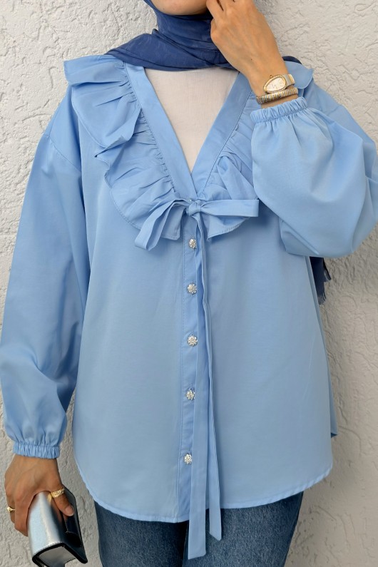 Degaje Yaka Fırfırlı Tunik 2296 - BEBE MAVİSİ