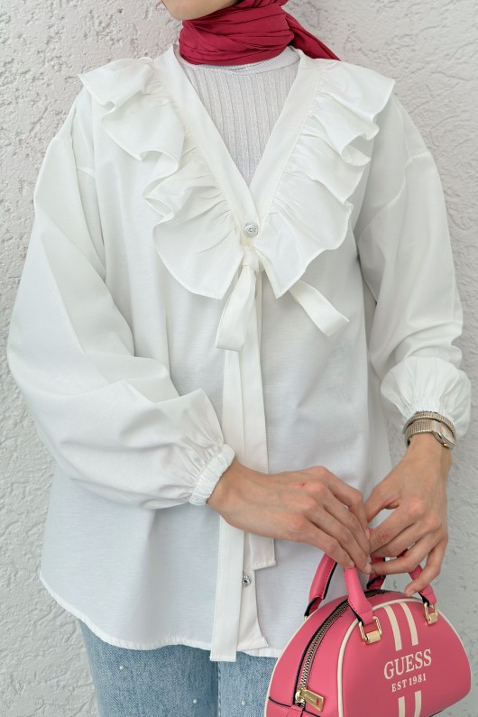 Degaje Yaka Fırfırlı Tunik 2296 - BEYAZ Degaje Yaka Fırfırlı Tunik 2296 - BEYAZ