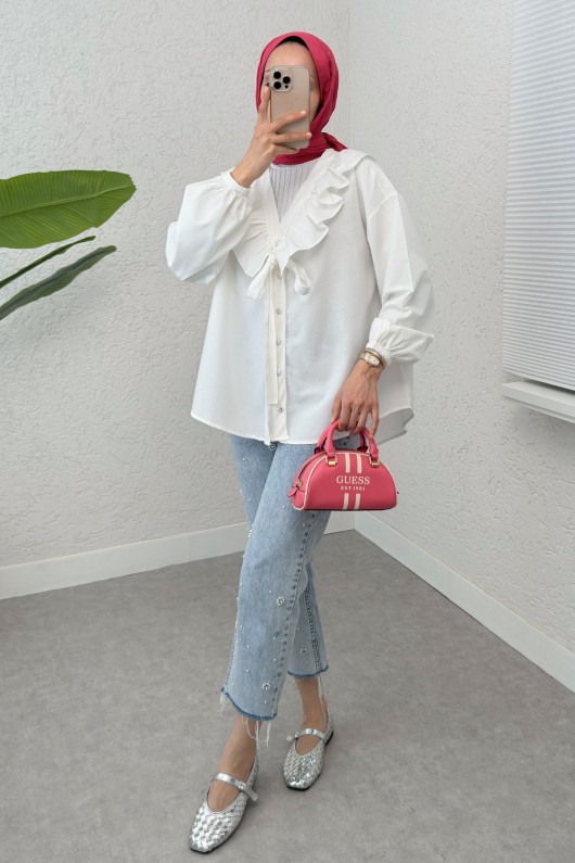 Degaje Yaka Fırfırlı Tunik 2296 - BEYAZ Degaje Yaka Fırfırlı Tunik 2296 - BEYAZ