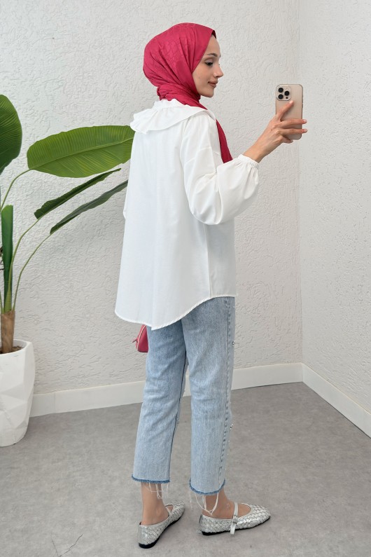 Degaje Yaka Fırfırlı Tunik 2296 - BEYAZ Degaje Yaka Fırfırlı Tunik 2296 - BEYAZ