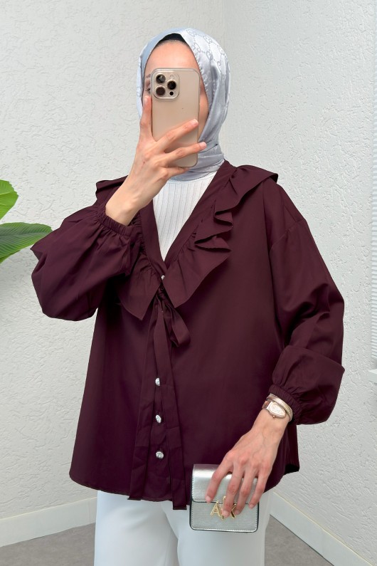 Degaje Yaka Fırfırlı Tunik 2296 - BORDO Degaje Yaka Fırfırlı Tunik 2296 - BORDO