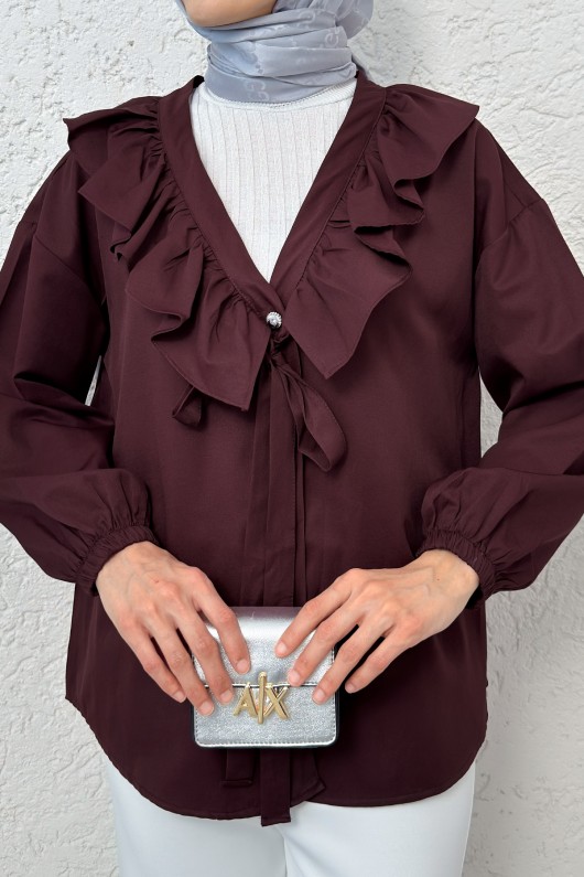 Degaje Yaka Fırfırlı Tunik 2296 - BORDO Degaje Yaka Fırfırlı Tunik 2296 - BORDO