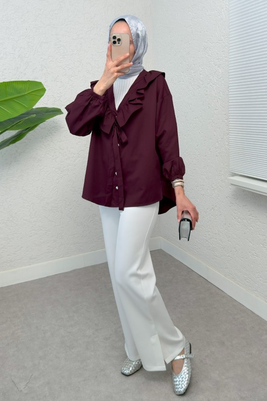 Degaje Yaka Fırfırlı Tunik 2296 - BORDO Degaje Yaka Fırfırlı Tunik 2296 - BORDO