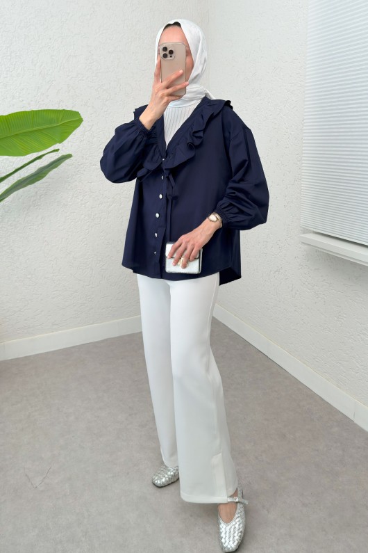 Degaje Yaka Fırfırlı Tunik 2296 - LACİVERT