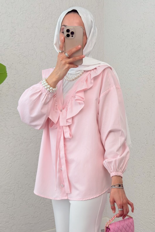Degaje Yaka Fırfırlı Tunik 2296 - PEMBE
