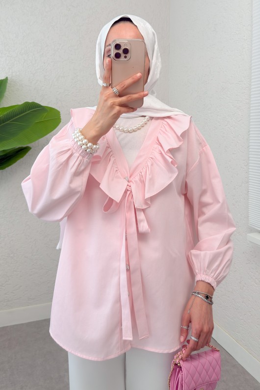 Degaje Yaka Fırfırlı Tunik 2296 - PEMBE