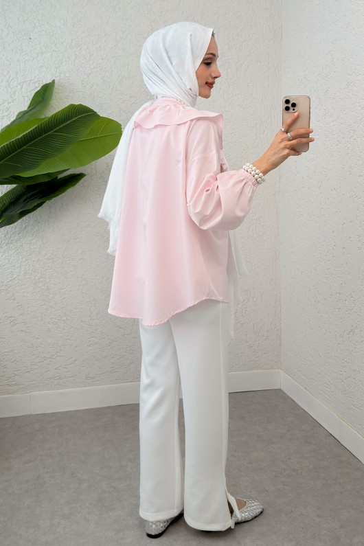 Degaje Yaka Fırfırlı Tunik 2296 - PEMBE