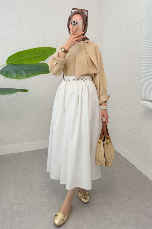 Fular Yakalı Tesettür Gömlek 2298 - BEJ