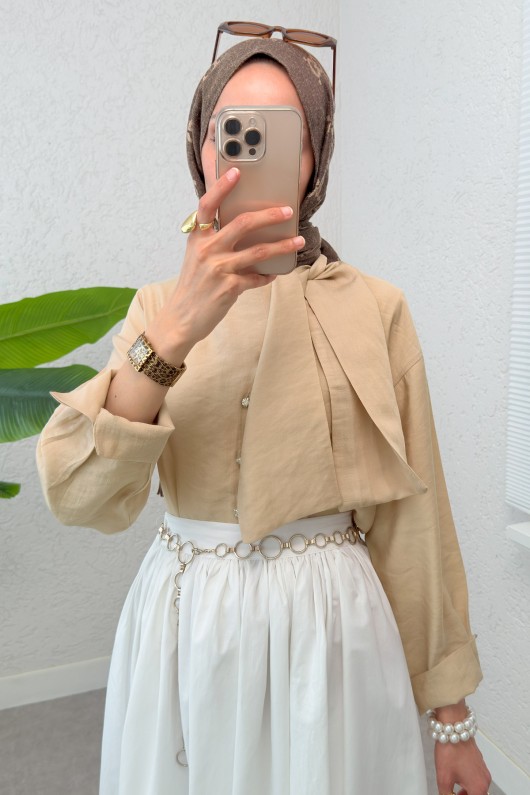 Fular Yakalı Tesettür Gömlek 2298 - BEJ