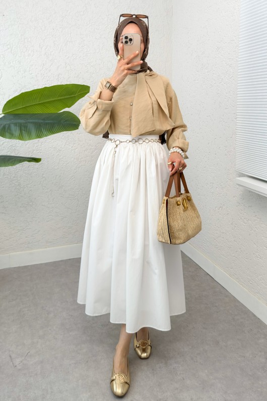 Fular Yakalı Tesettür Gömlek 2298 - BEJ