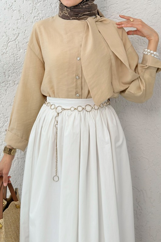 Fular Yakalı Tesettür Gömlek 2298 - BEJ