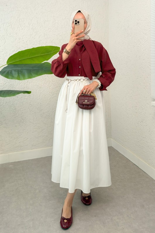 Fular Yakalı Tesettür Gömlek 2298 - BORDO